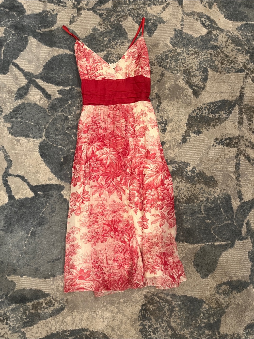 Studio M Cream and Red Toile Midi Dress with Fitted Waistband